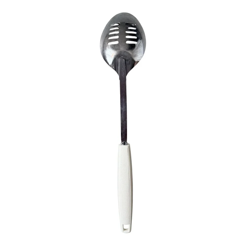 Vintage EKCO Slotted Spoon Chrome Plated White Handle Hanging Utensil Cottage
